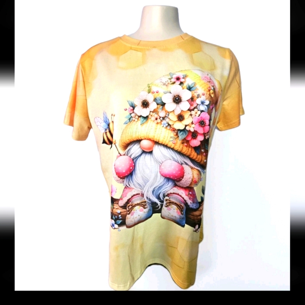 Gnome Bumblebee Womens Yellow Pink Spring Stretch Tshirt  Vibrant Colors Medium